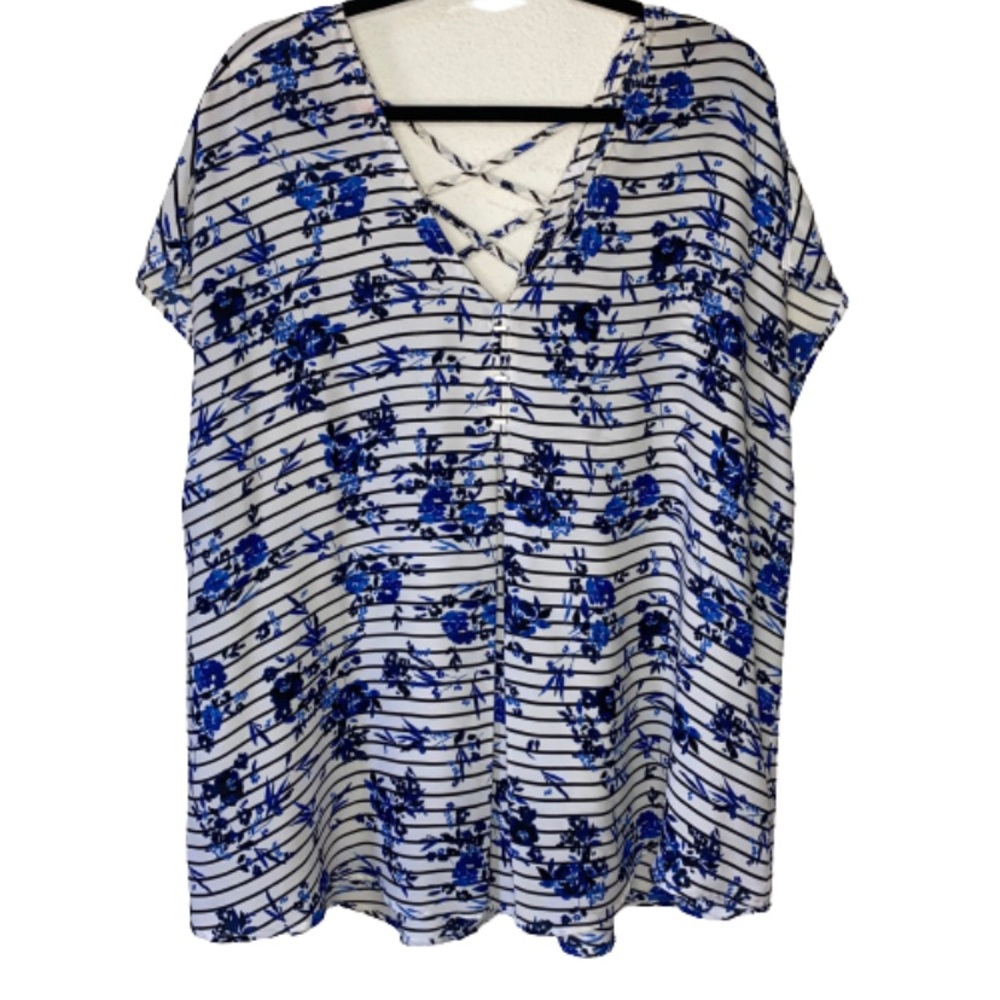 Torrid Striped Floral Blue Blouse Shirt Top 3XL 3